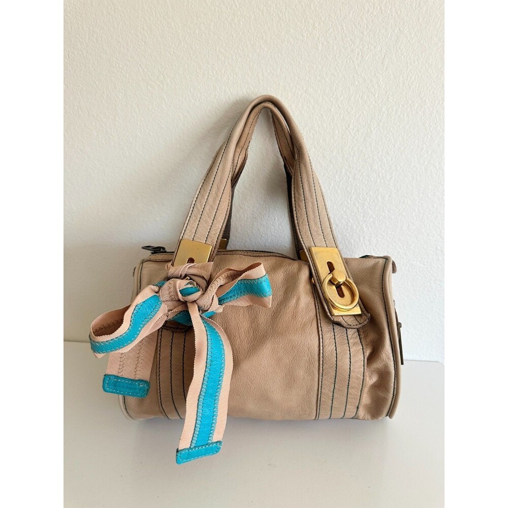 Vtg Gap Y2K Genuine 100% Cow Leather Handbag Tan Beige Cylinder 2006 Zipper